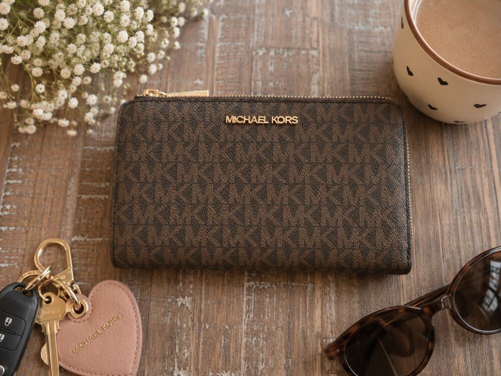 MICHAEL KORS Women's Adele Logo Double Zip Smartphone Wallet Brown Large Leather